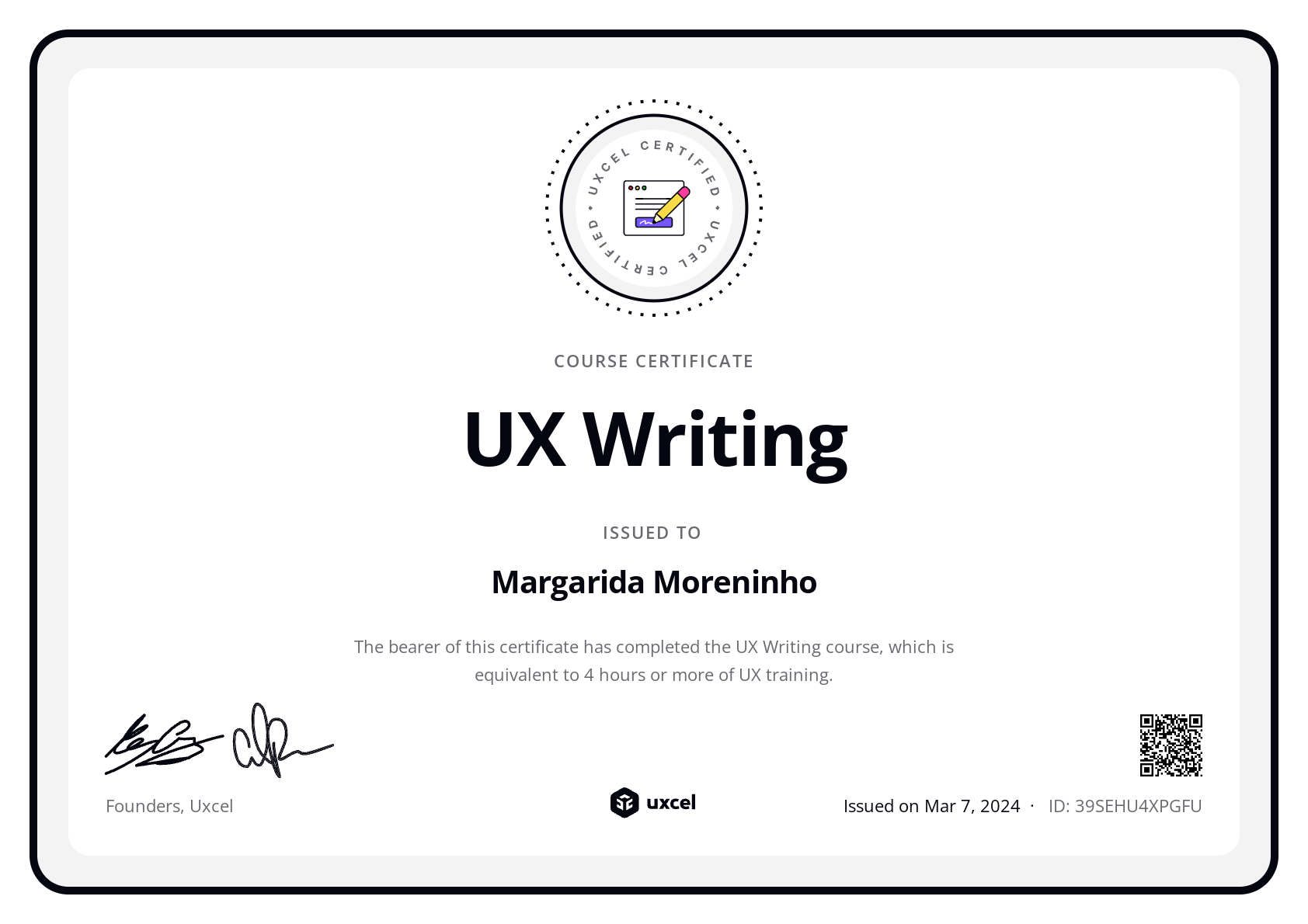 Margarida Moreninho's certificate